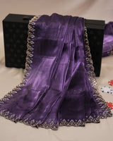 Vishal Prints Dark Lavender Tissue Organza Saree With Diamond Work And Cut Work Border