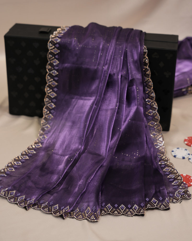 Vishal Prints Dark Lavender Tissue Organza Saree With Diamond Work And Cut Work Border