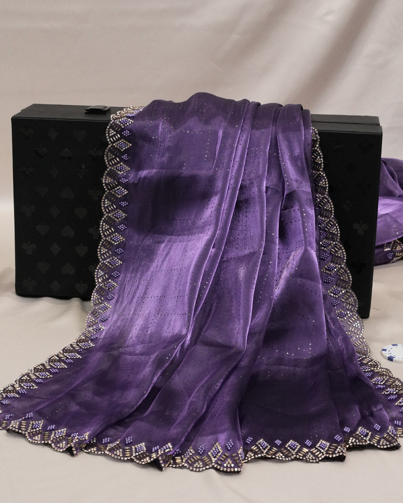 Vishal Prints Dark Lavender Tissue Organza Saree With Diamond Work And Cut Work Border