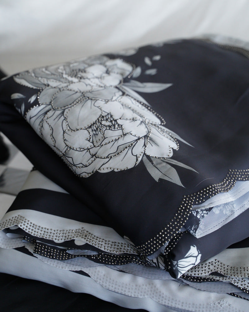 Vishal Prints Black And White Fancy Satin Digital Print Saree With Diamond Work And Cut Work Border