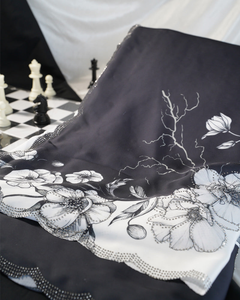 Vishal Prints Black And White Fancy Satin Digital Print Saree With Diamond Work And Cut Work Border