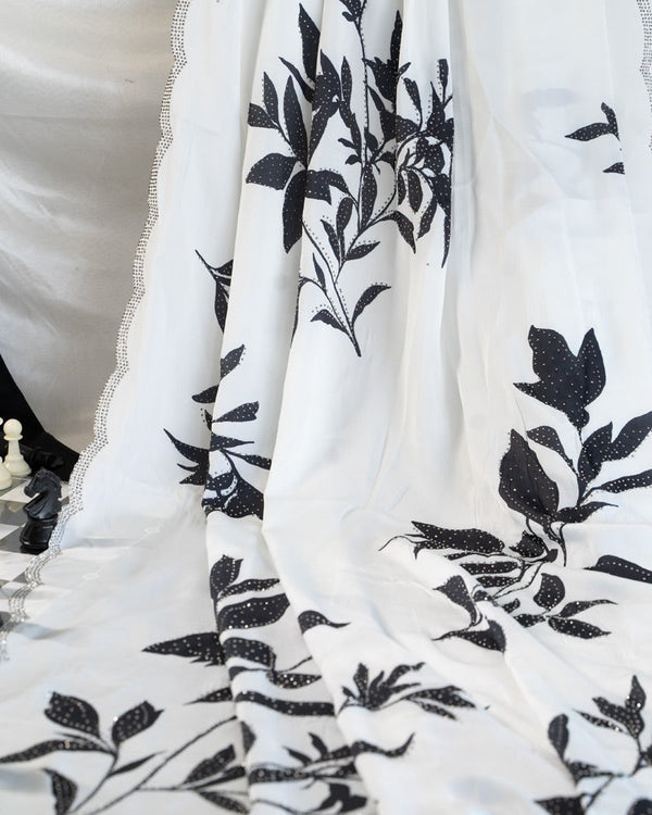 Vishal Prints Black And White Fancy Satin Digital Print Saree With Diamond Work And Cut Work Border