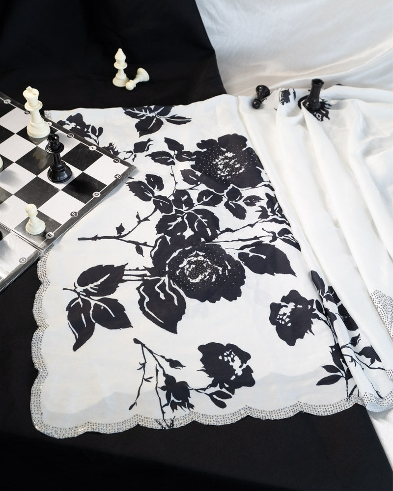Vishal Prints Black And White Fancy Satin Digital Print Saree With Diamond Work And Cut Work Border