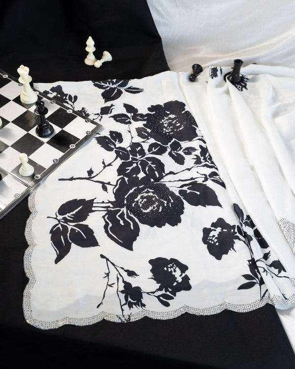 Vishal Prints Black And White Fancy Satin Digital Print Saree With Diamond Work And Cut Work Border