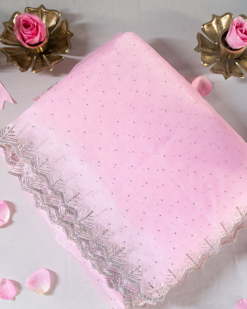 Baby Pink Designer Tissue Organza Saree With Diamond Work And Fancy Cut Work Border