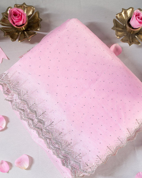 Baby Pink Designer Tissue Organza Saree With Diamond Work And Fancy Cut Work Border