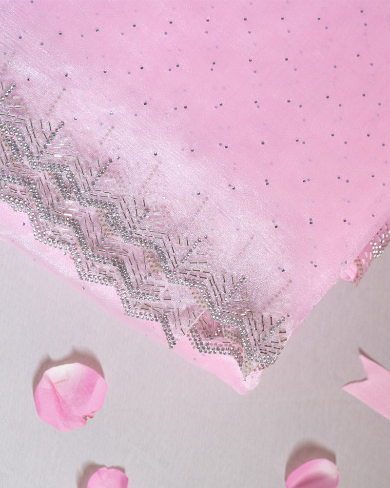 Baby Pink Designer Tissue Organza Saree With Diamond Work And Fancy Cut Work Border