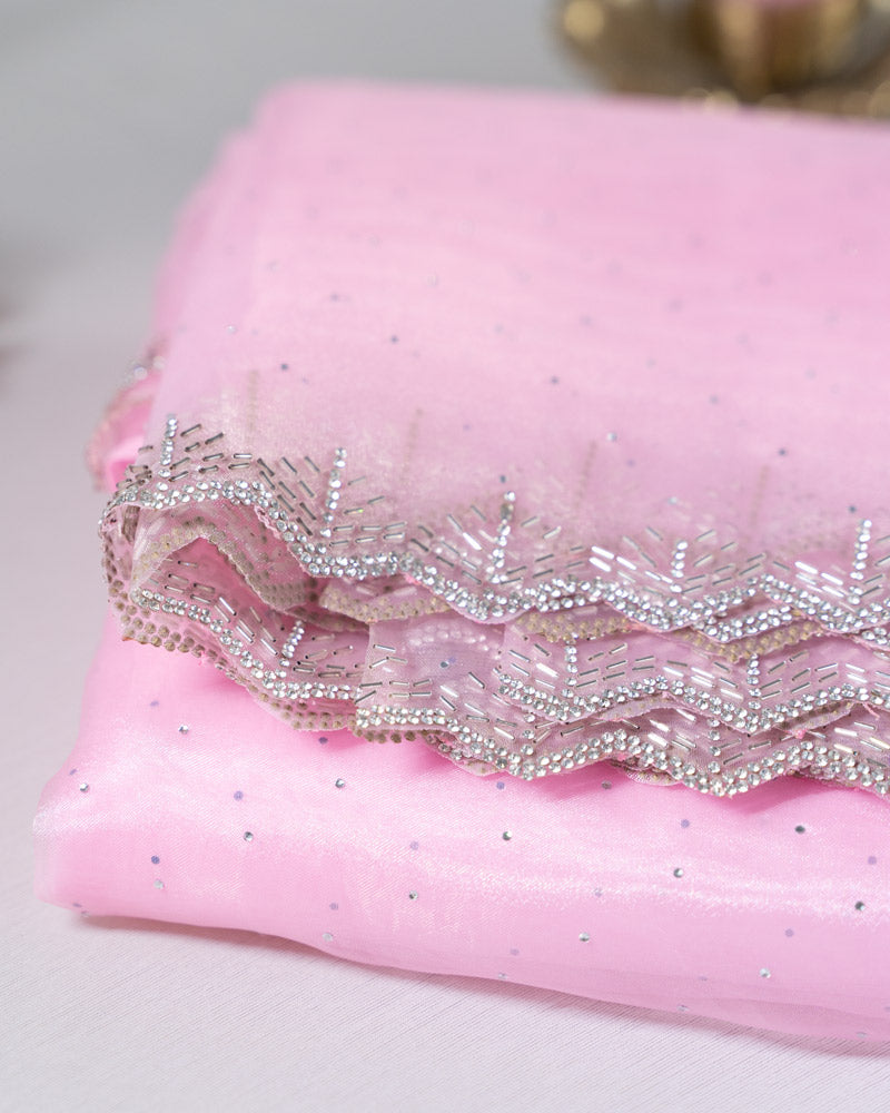 Baby Pink Designer Tissue Organza Saree With Diamond Work And Fancy Cut Work Border