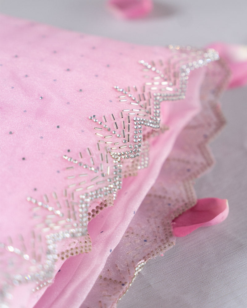 Baby Pink Designer Tissue Organza Saree With Diamond Work And Fancy Cut Work Border