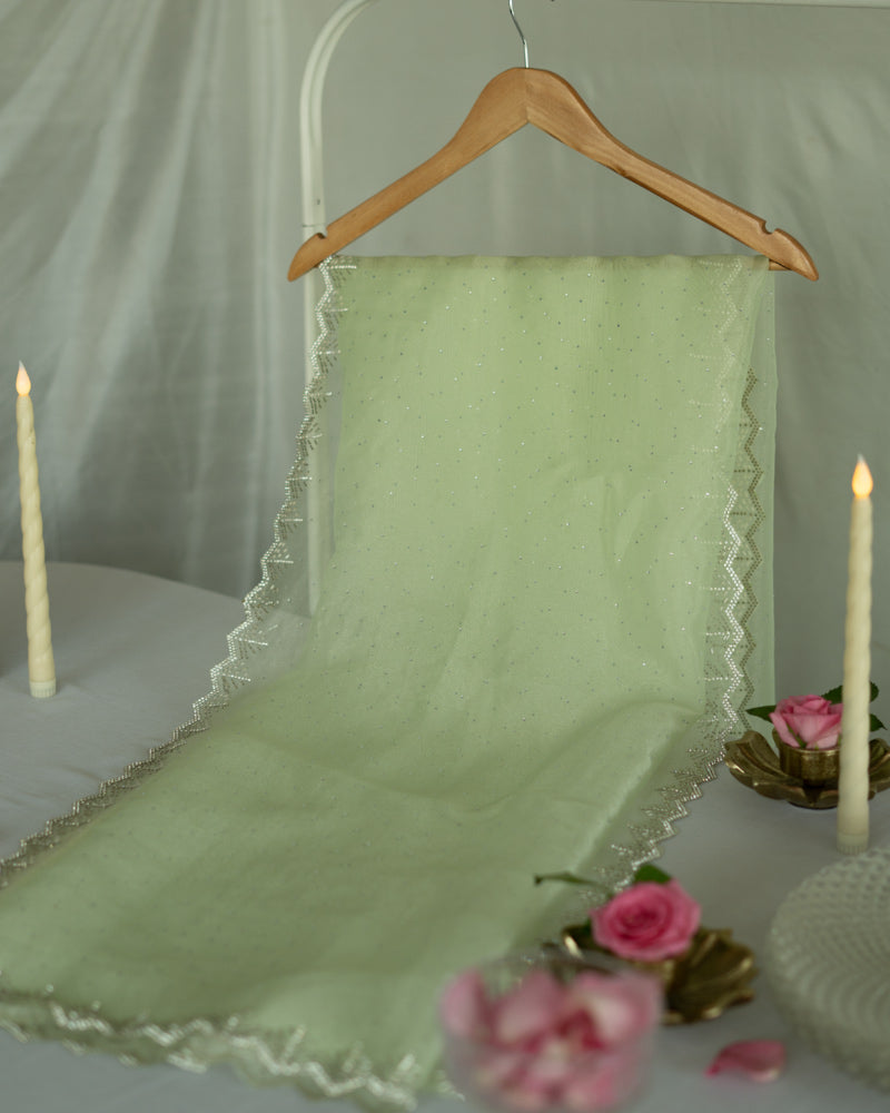 Pastel Olive Green Designer Tissue Organza Saree With Diamond Work And Fancy Cut Work Border
