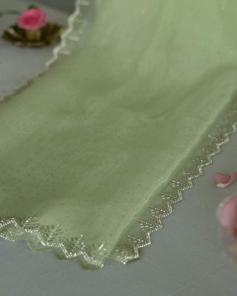 Pastel Olive Green Designer Tissue Organza Saree With Diamond Work And Fancy Cut Work Border