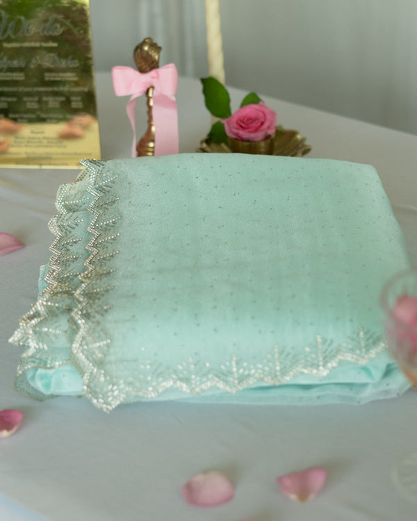 Pastel Teal Green Designer Tissue Organza Saree With Diamond Work And Fancy Cut Work Border