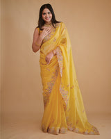 Vishal Prints Warm Yellow Designer Crushed Tissue Saree With Embroidery-Diamond Work And Cut Work Border