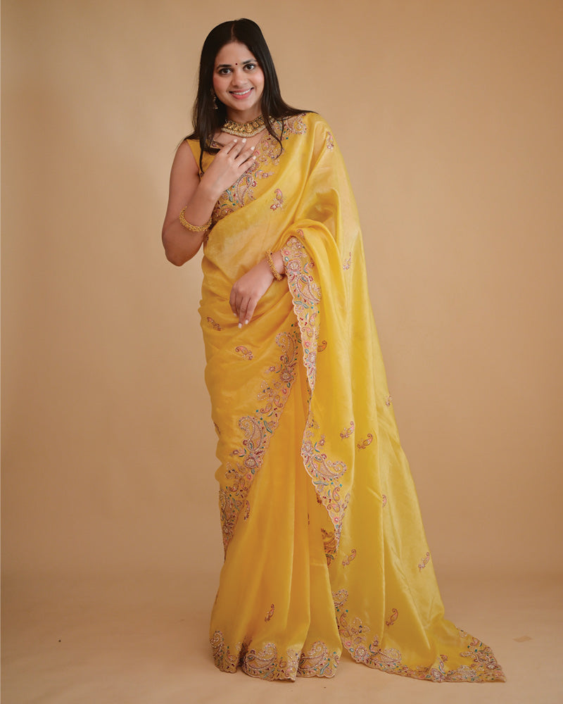 Vishal Prints Warm Yellow Designer Crushed Tissue Saree With Embroidery-Diamond Work And Cut Work Border