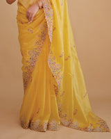 Vishal Prints Warm Yellow Designer Crushed Tissue Saree With Embroidery-Diamond Work And Cut Work Border