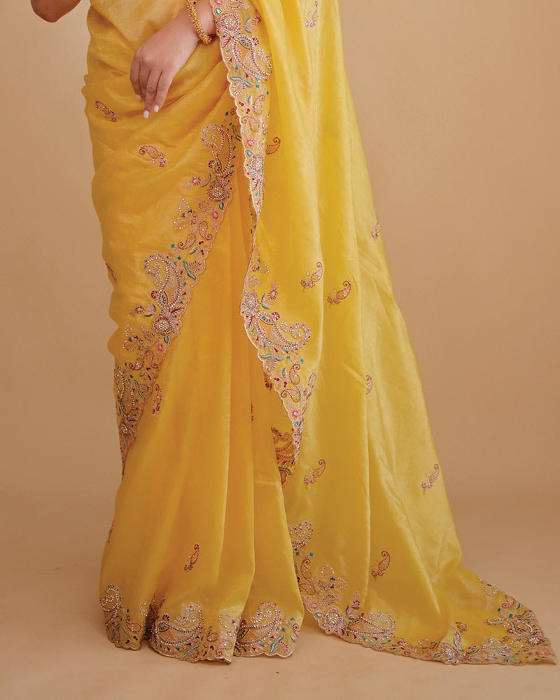 Vishal Prints Warm Yellow Designer Crushed Tissue Saree With Embroidery-Diamond Work And Cut Work Border