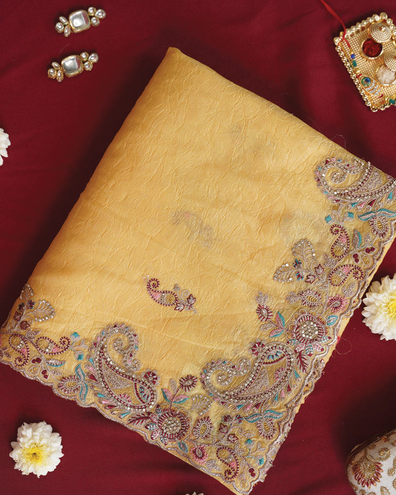 Vishal Prints Warm Yellow Designer Crushed Tissue Saree With Embroidery-Diamond Work And Cut Work Border