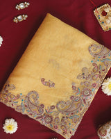 Vishal Prints Warm Yellow Designer Crushed Tissue Saree With Embroidery-Diamond Work And Cut Work Border