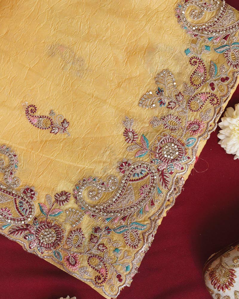 Vishal Prints Warm Yellow Designer Crushed Tissue Saree With Embroidery-Diamond Work And Cut Work Border