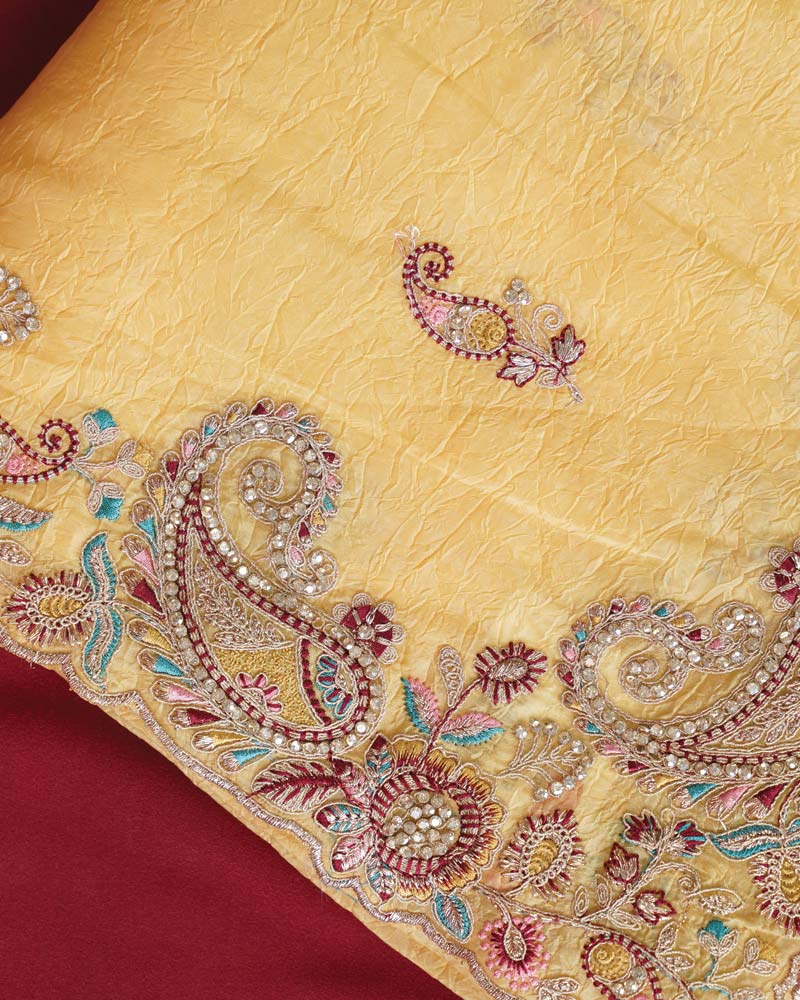 Vishal Prints Warm Yellow Designer Crushed Tissue Saree With Embroidery-Diamond Work And Cut Work Border