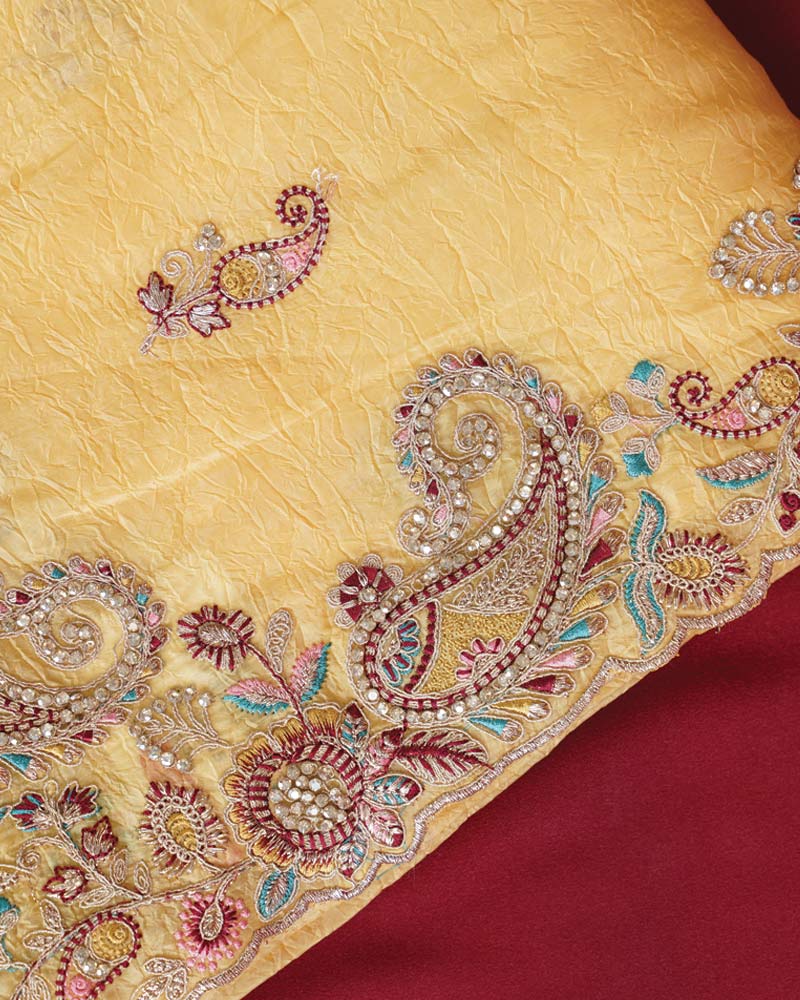 Vishal Prints Warm Yellow Designer Crushed Tissue Saree With Embroidery-Diamond Work And Cut Work Border