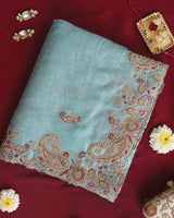 Vishal Prints Sky Blue Designer Crushed Organza Saree With Embroidery-Diamond Work And Cut Work Border