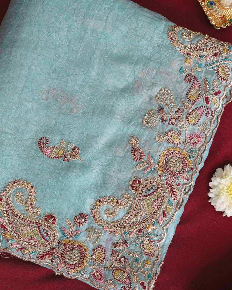 Vishal Prints Sky Blue Designer Crushed Organza Saree With Embroidery-Diamond Work And Cut Work Border