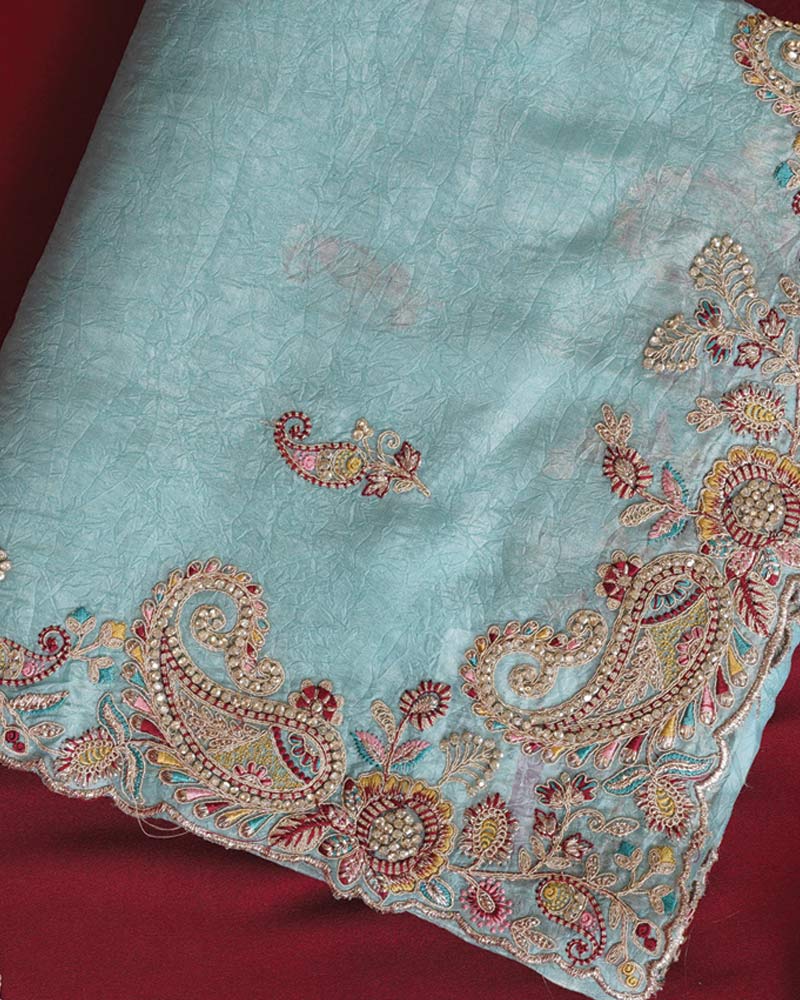 Vishal Prints Sky Blue Designer Crushed Organza Saree With Embroidery-Diamond Work And Cut Work Border