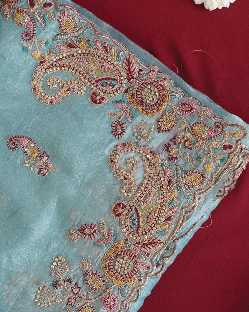 Vishal Prints Sky Blue Designer Crushed Organza Saree With Embroidery-Diamond Work And Cut Work Border
