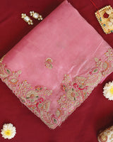 Vishal Prints Rose Pink Designer Crushed Organza Saree With Embroidery-Diamond Work And Cut Work Border
