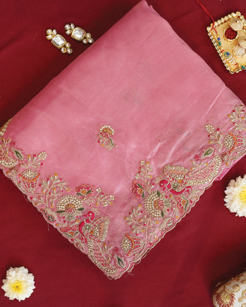 Vishal Prints Rose Pink Designer Crushed Organza Saree With Embroidery-Diamond Work And Cut Work Border