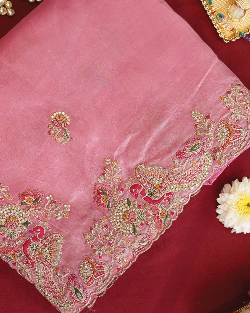 Vishal Prints Rose Pink Designer Crushed Organza Saree With Embroidery-Diamond Work And Cut Work Border