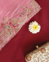Vishal Prints Rose Pink Designer Crushed Organza Saree With Embroidery-Diamond Work And Cut Work Border