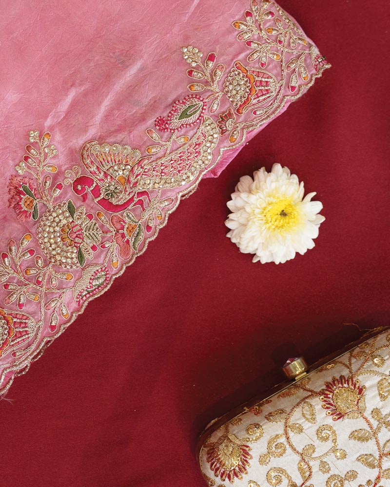 Vishal Prints Rose Pink Designer Crushed Organza Saree With Embroidery-Diamond Work And Cut Work Border