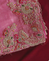 Vishal Prints Rose Pink Designer Crushed Organza Saree With Embroidery-Diamond Work And Cut Work Border