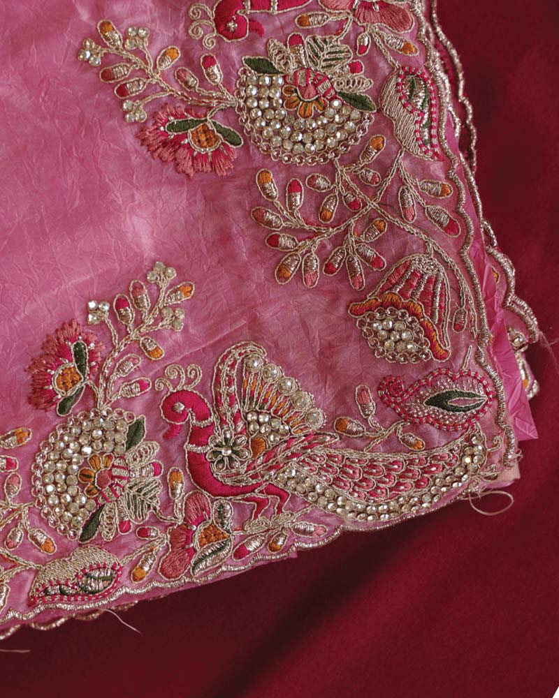 Vishal Prints Rose Pink Designer Crushed Organza Saree With Embroidery-Diamond Work And Cut Work Border