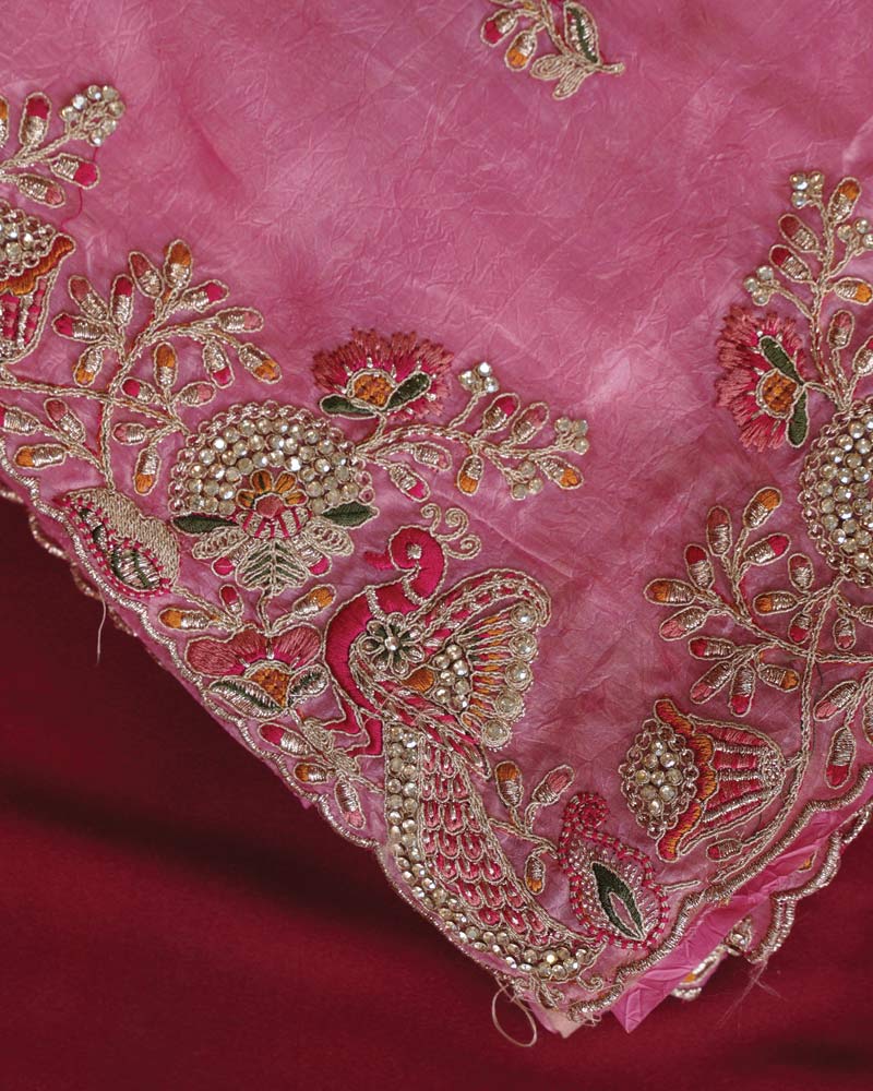 Vishal Prints Rose Pink Designer Crushed Organza Saree With Embroidery-Diamond Work And Cut Work Border