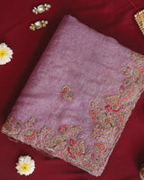 Vishal Prints Lavender Designer Crushed Organza Saree With Embroidery-Diamond Work And Cut Work Border