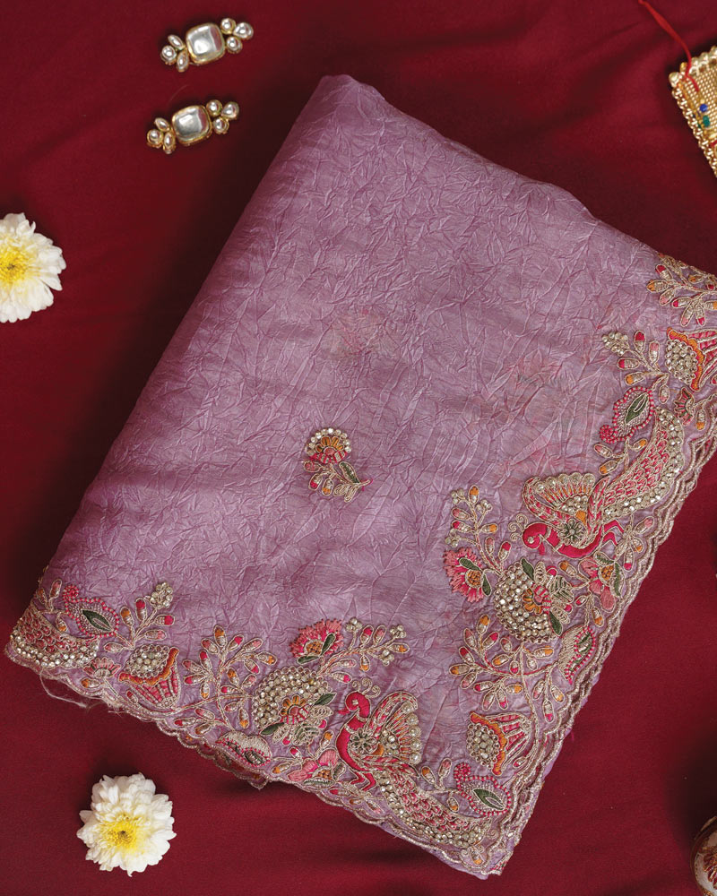 Vishal Prints Lavender Designer Crushed Organza Saree With Embroidery-Diamond Work And Cut Work Border