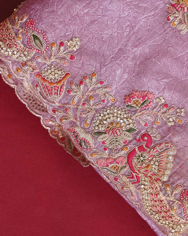 Vishal Prints Lavender Designer Crushed Organza Saree With Embroidery-Diamond Work And Cut Work Border