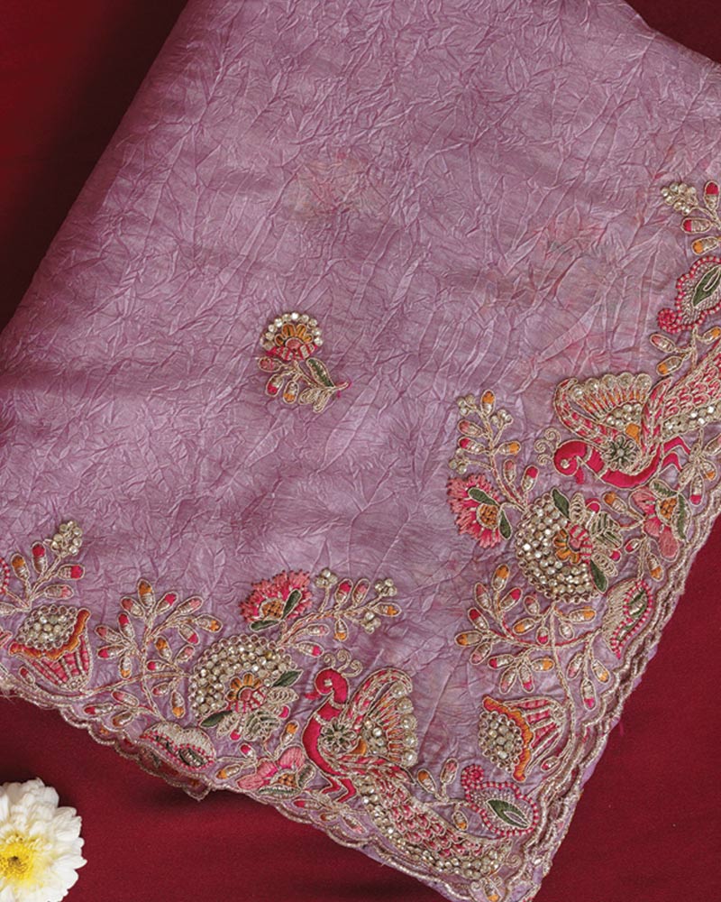 Vishal Prints Lavender Designer Crushed Organza Saree With Embroidery-Diamond Work And Cut Work Border