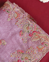 Vishal Prints Lavender Designer Crushed Organza Saree With Embroidery-Diamond Work And Cut Work Border