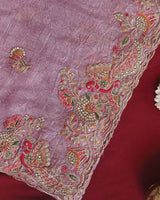 Vishal Prints Lavender Designer Crushed Organza Saree With Embroidery-Diamond Work And Cut Work Border