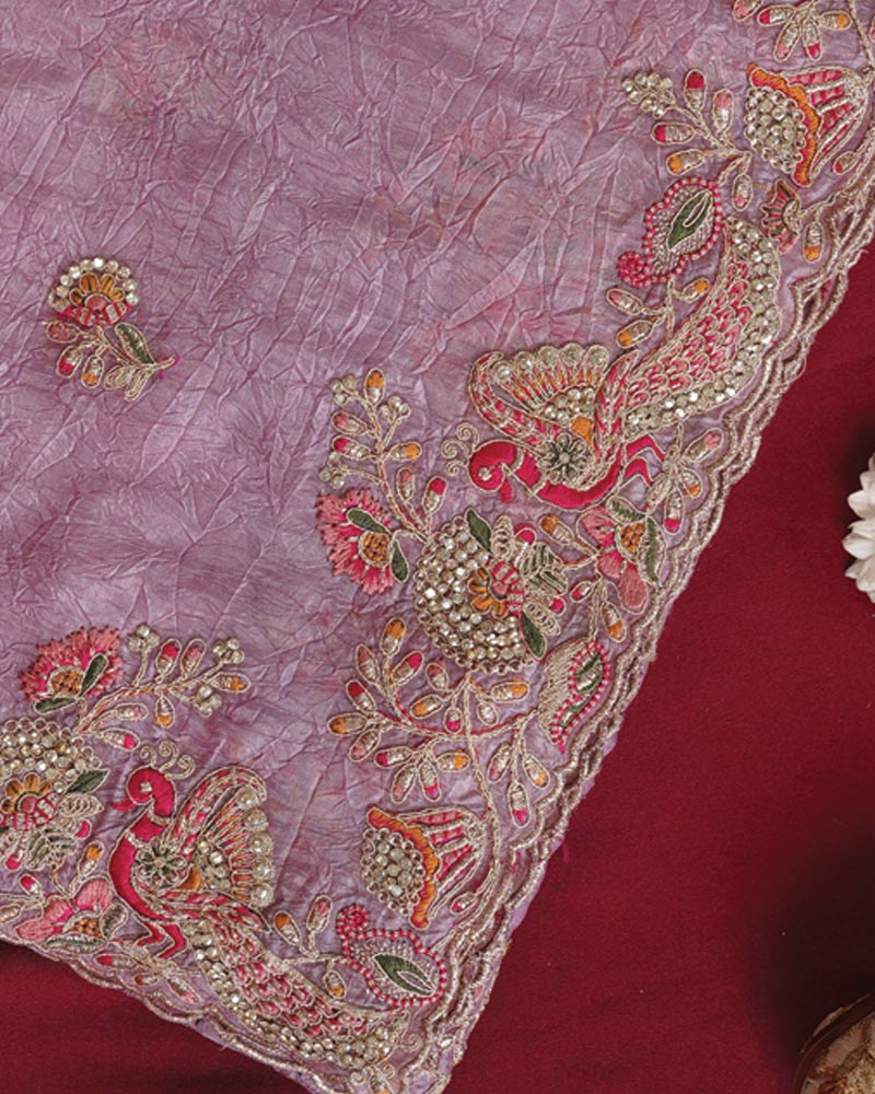 Vishal Prints Lavender Designer Crushed Organza Saree With Embroidery-Diamond Work And Cut Work Border