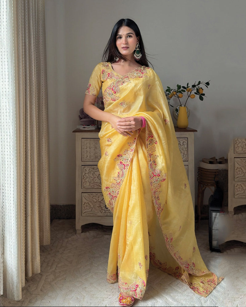 Vishal Prints Pastel Yellow Designer Crushed Organza Saree With Embroidery-Diamond Work And Cut Work Border