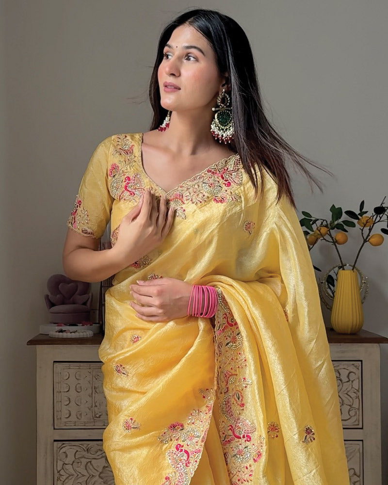 Vishal Prints Pastel Yellow Designer Crushed Organza Saree With Embroidery-Diamond Work And Cut Work Border