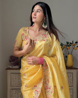 Vishal Prints Pastel Yellow Designer Crushed Organza Saree With Embroidery-Diamond Work And Cut Work Border