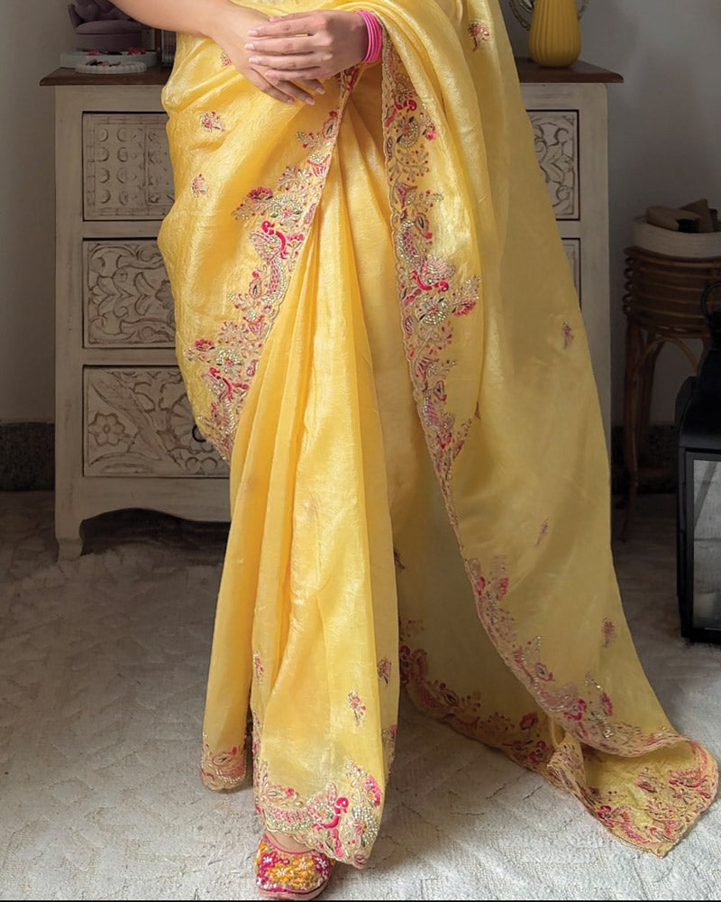 Vishal Prints Pastel Yellow Designer Crushed Organza Saree With Embroidery-Diamond Work And Cut Work Border