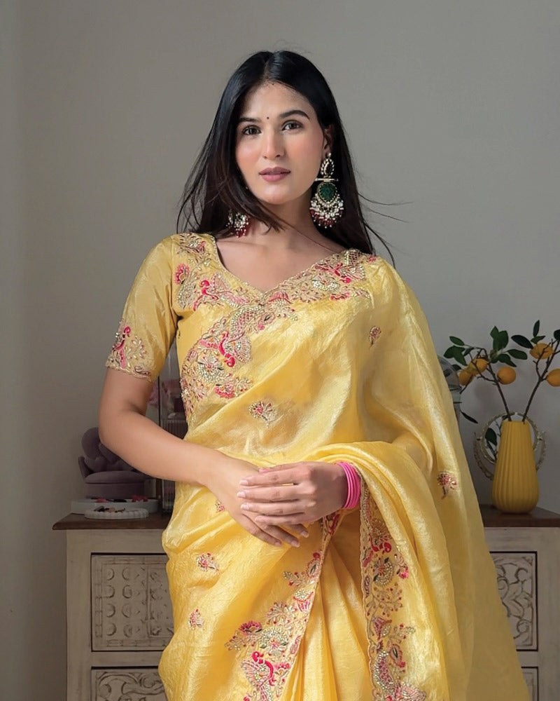 Vishal Prints Pastel Yellow Designer Crushed Organza Saree With Embroidery-Diamond Work And Cut Work Border