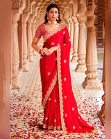 Bright Red Designer Fancy Satin Saree With Zari-Embroidery-Diamond Work And Cut Work Border